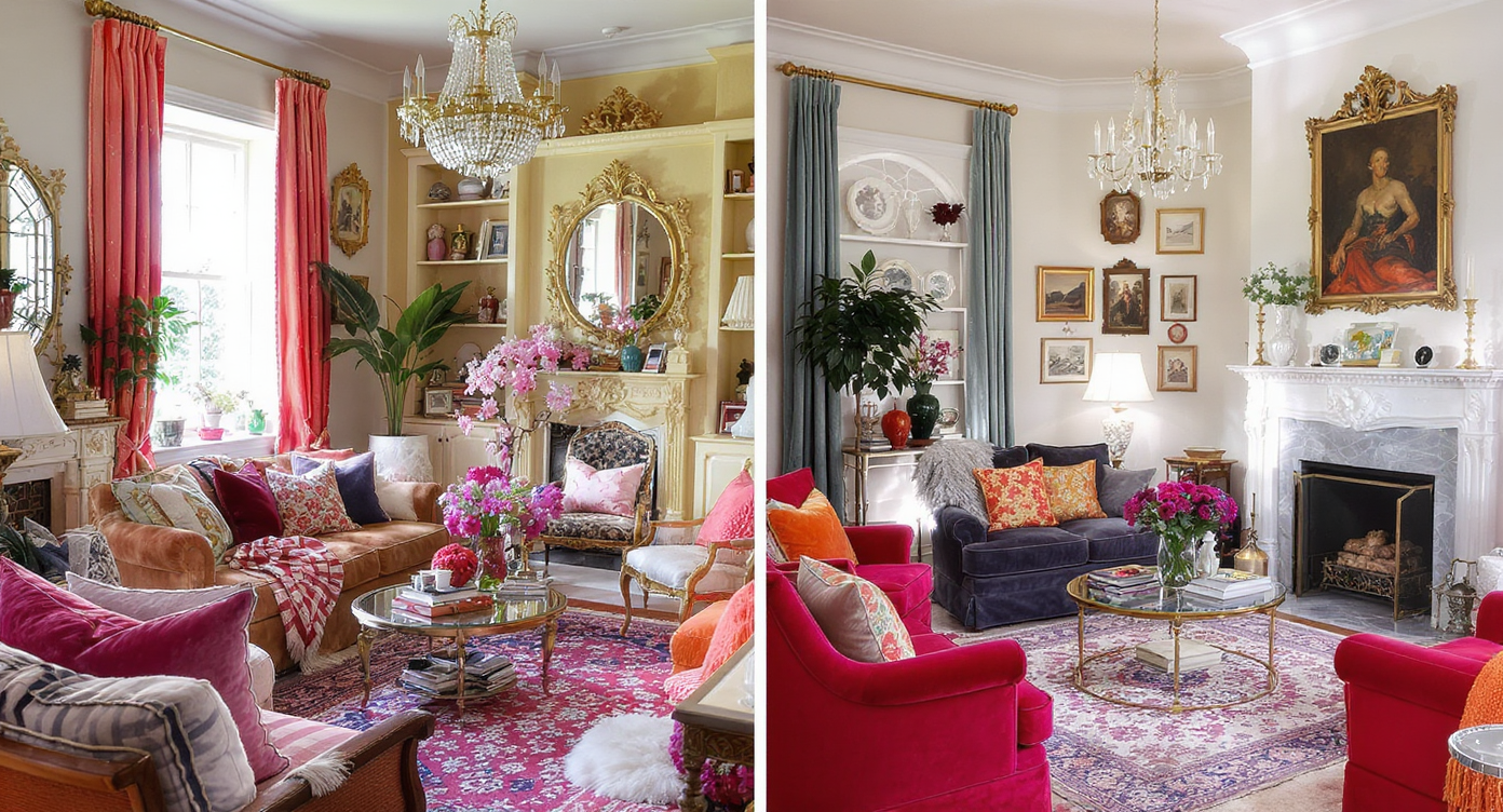 Cluttered room with mismatched flashy decor, synthetic materials, and harsh lighting illustrating common design pitfalls.