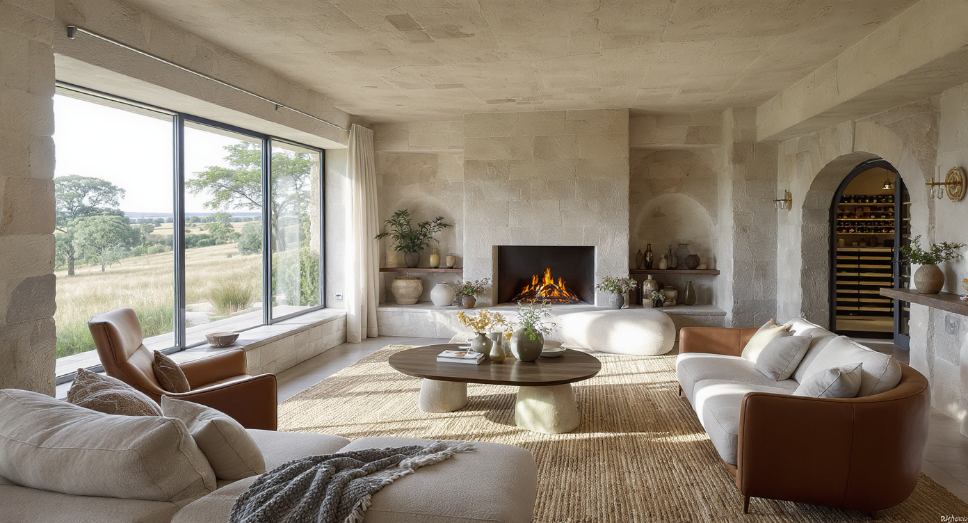 Stone-and-plaster living room with sculptural furniture, natural light, equestrian-themed textures, and views of pastures.