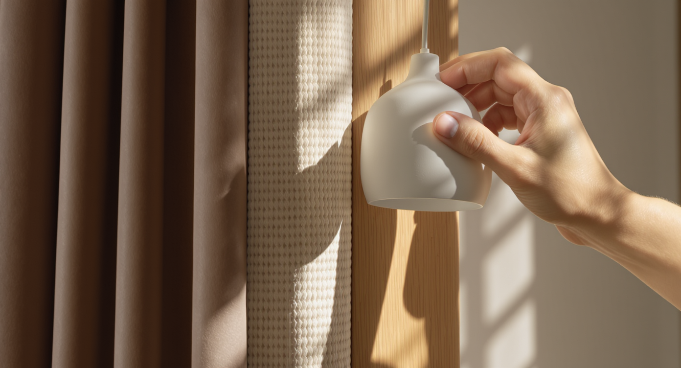 Designer’s hand adjusting sculptural light over natural wood, leather, and woven textile materials in warm natural light.