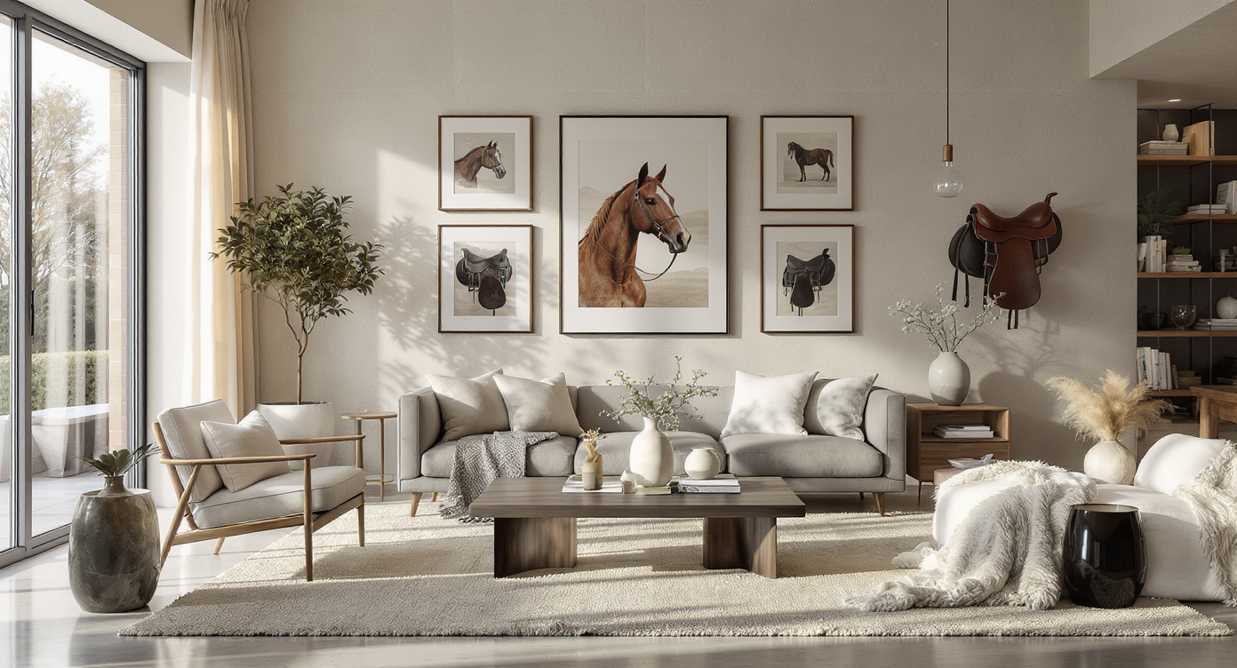 Interior combining rustic equestrian decor with sleek modern furniture and natural lighting, reflecting personal design philosophy.