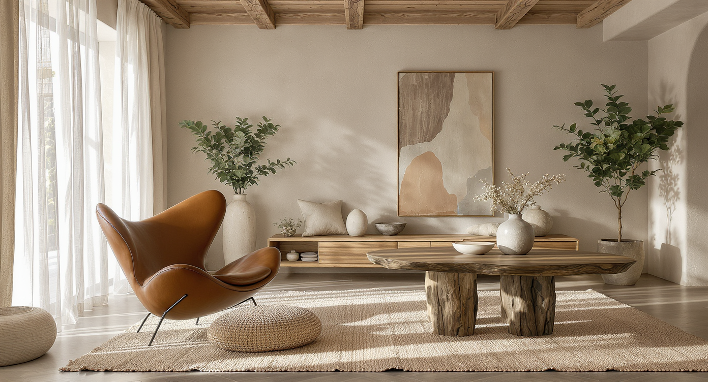 Sunlit organic modern room with sculptural furniture, plaster walls, wooden beams, and leather saddle chair.
