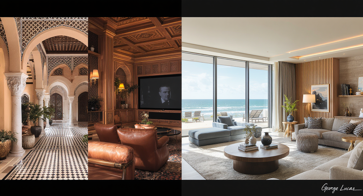 Montage of serene interiors from George Lucas's homes including tiled courtyard, screening room, beach house, and high-rise suite.