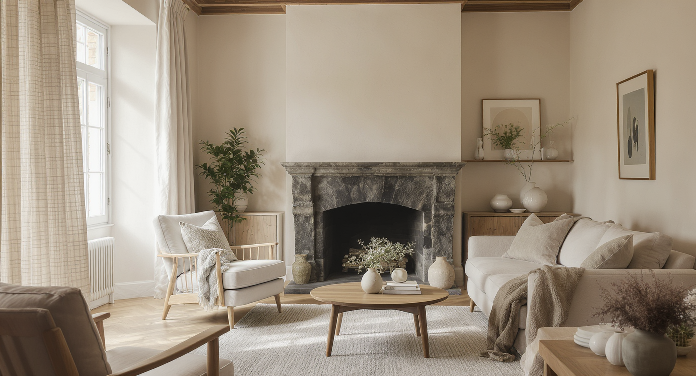 Room with stone fireplace, linen drapes, oak furniture, plaster walls, creating a calm, material-balanced space.