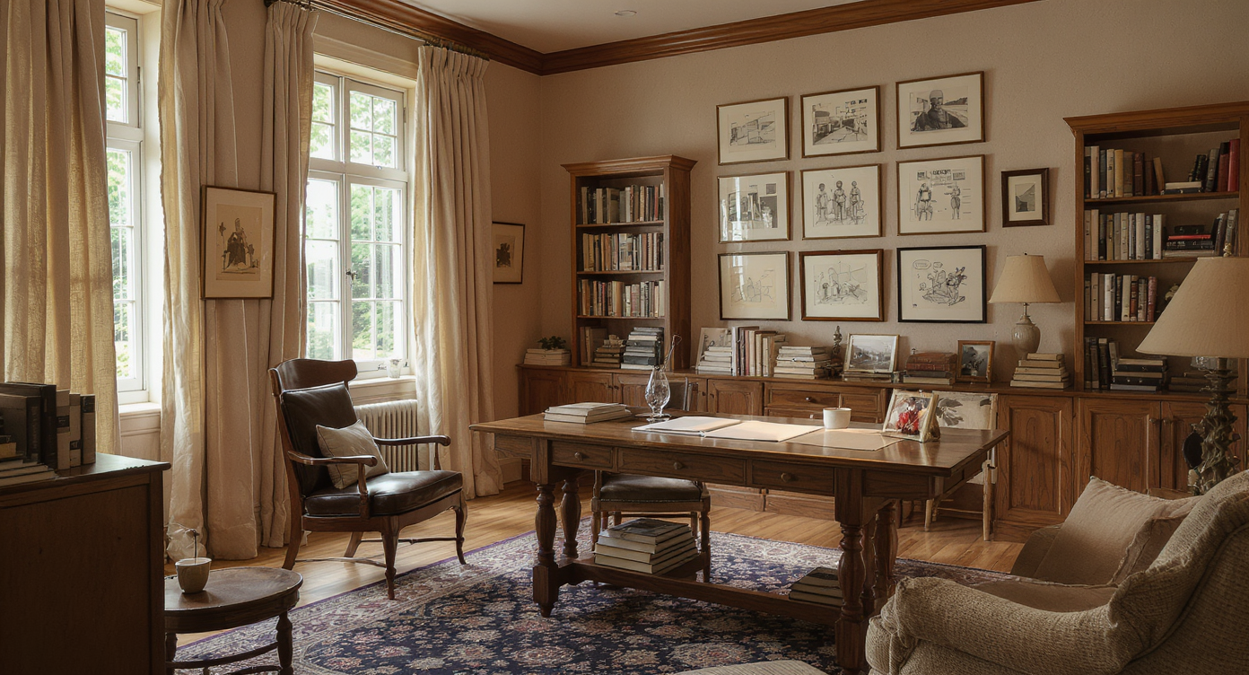 Warm study with oak furniture, linen curtains, film sketches, and natural light reflecting narrative calm.