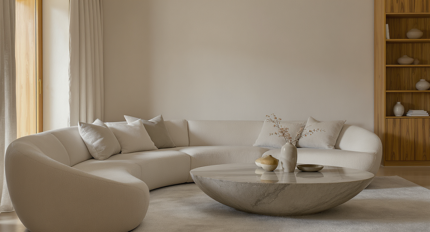 Living area with curved linen sofa, stone table, oak shelving, and neutral tones emphasizing tactile serenity.