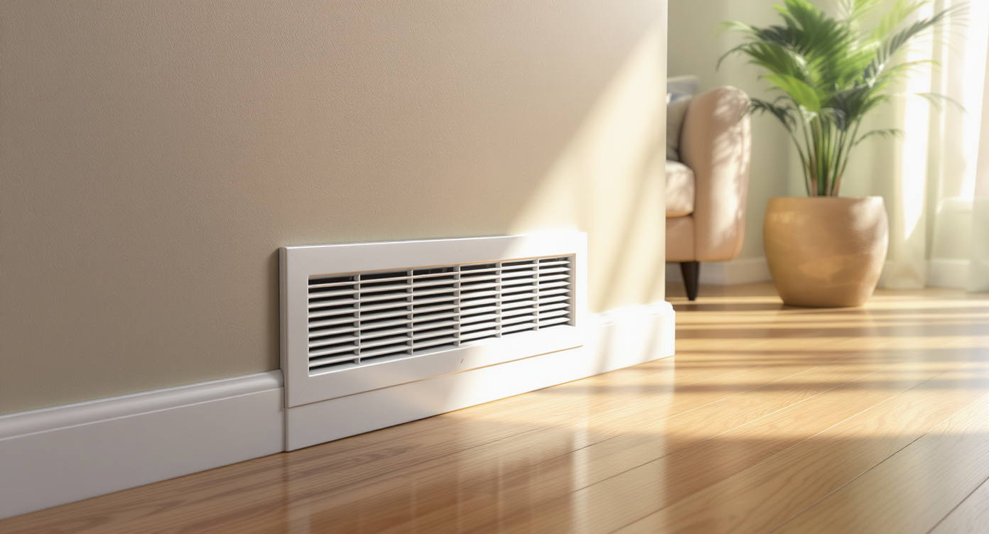 Modern living room corner showing unobstructed wall air return grille with ample clear space, beige sofa, and green plant.
