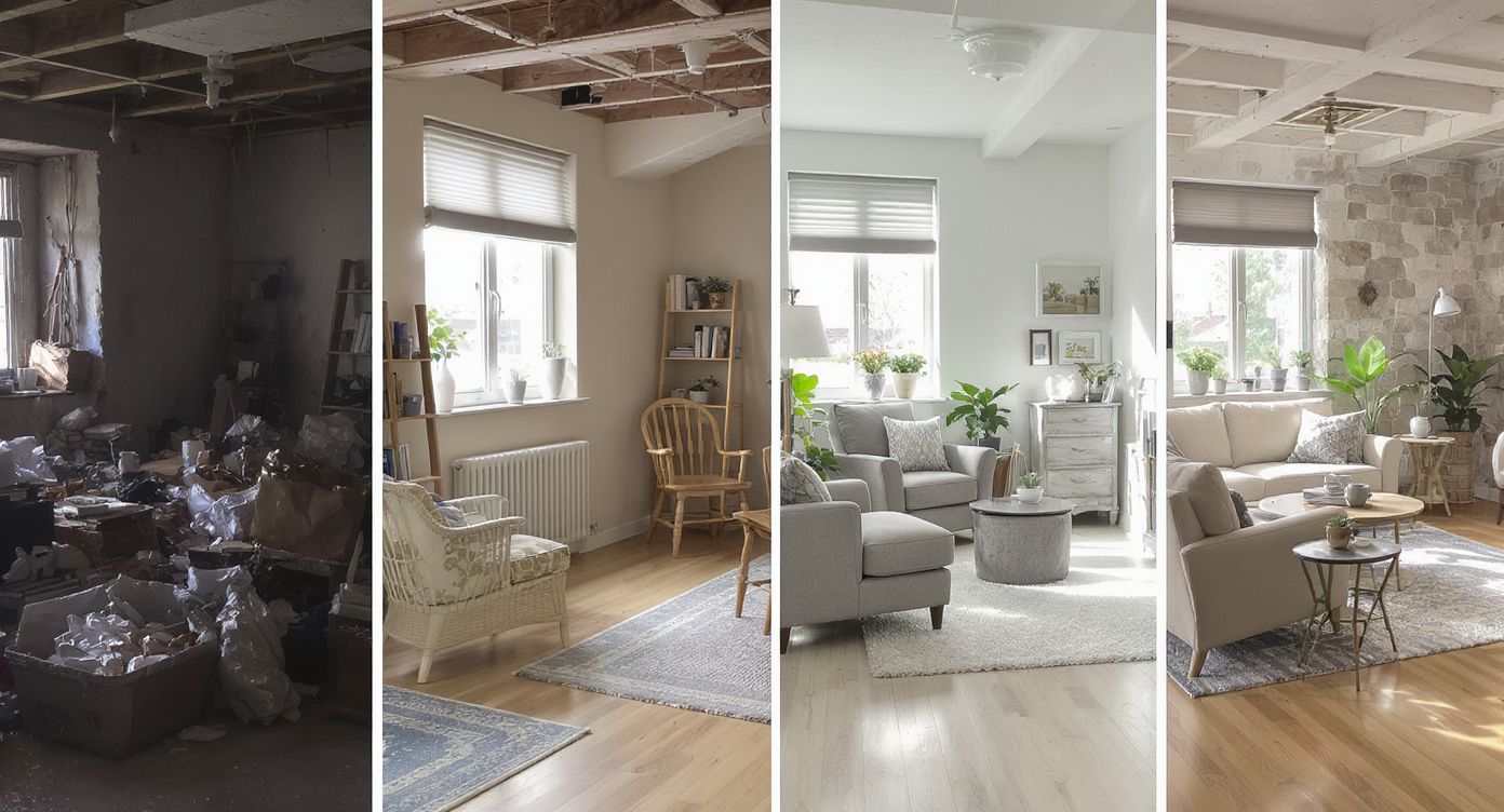 Four-stage basement room transformation showing clearing clutter, adding shading, rearranging furniture, and final airy setup with plants.