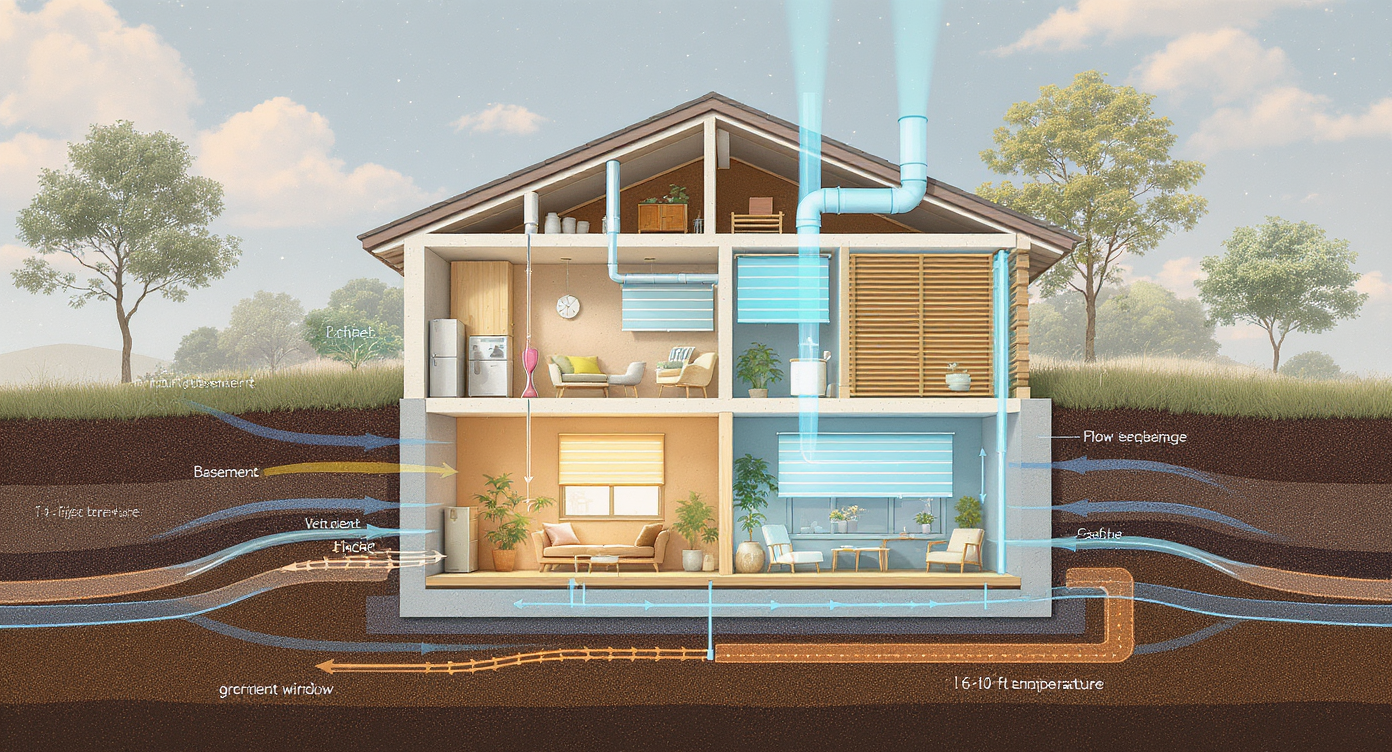Cross-section of house showing basement airflow, shaded windows, soil temperature layers, and ductwork in natural colors.