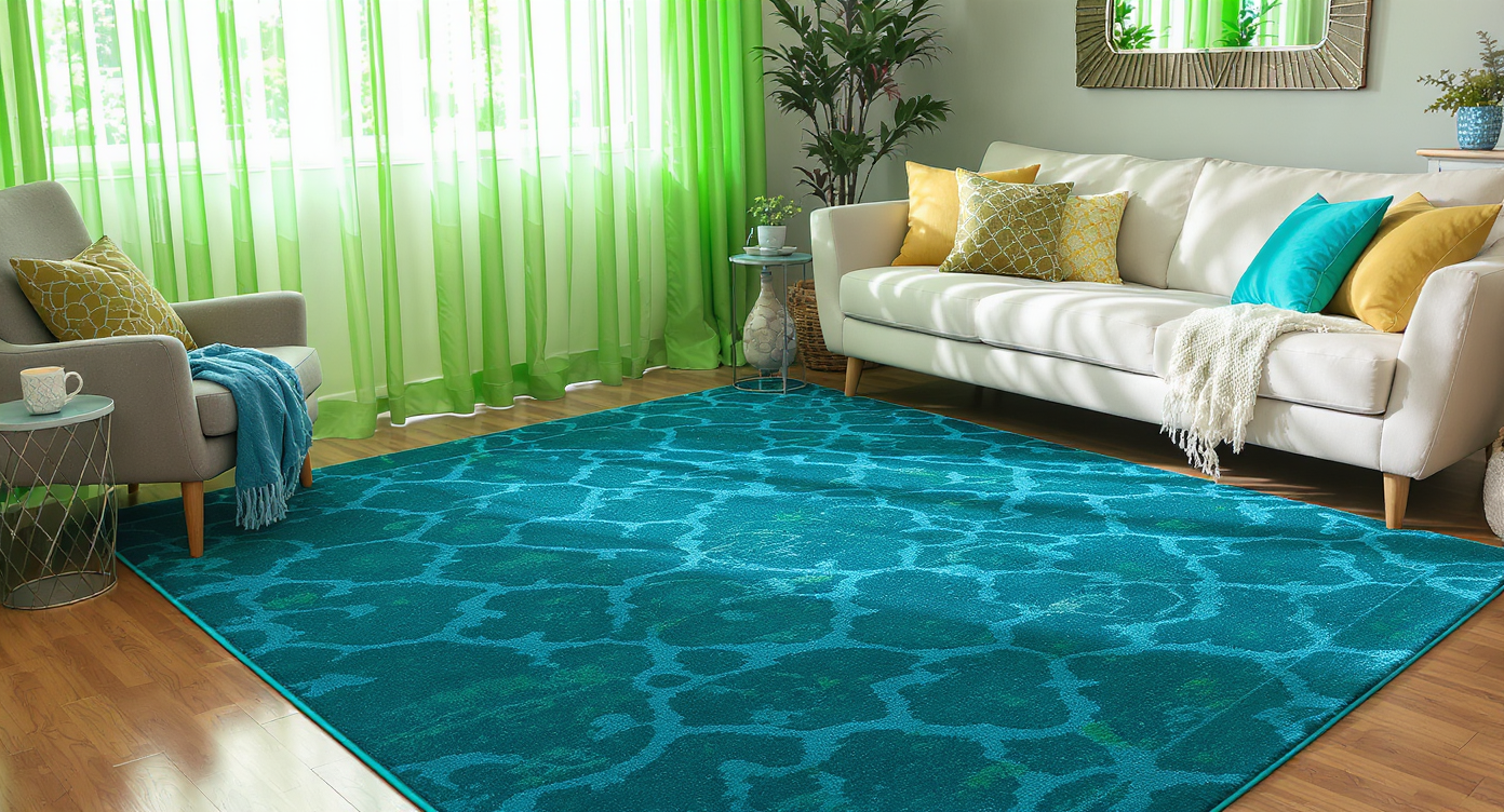 Cozy living room corner with colorful rug, bright pillows, sheer green curtains, mirror, and plants under natural light.