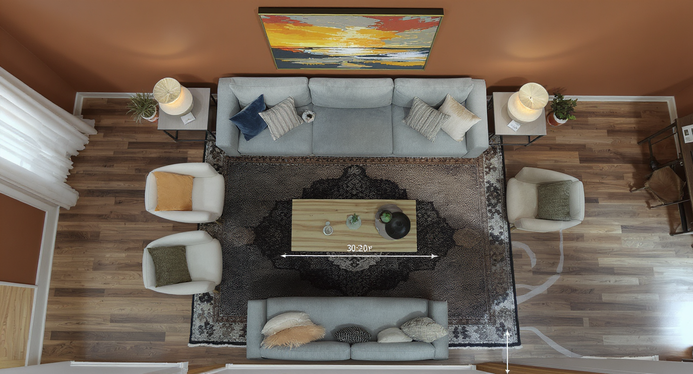 Overhead layout of living room showing clear walking space, scaled furniture, and centered colorful art on warm wall.