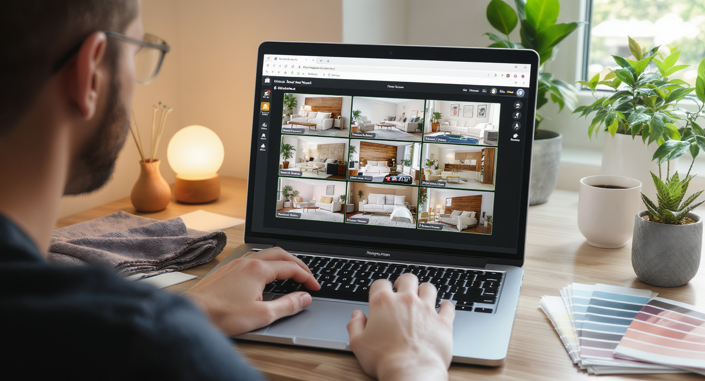 Designer reviewing living room layouts on AI software, surrounded by fabric swatches and daylight bulbs in bright workspace.