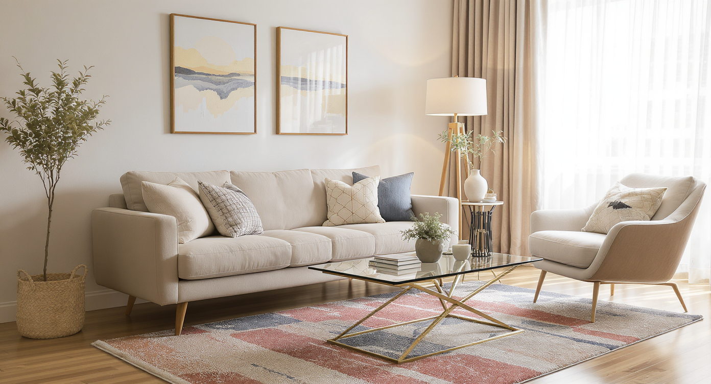 Living room with sofa and chairs spaced 14-18 inches from glass coffee table, bright rug, natural light, and lush plants.