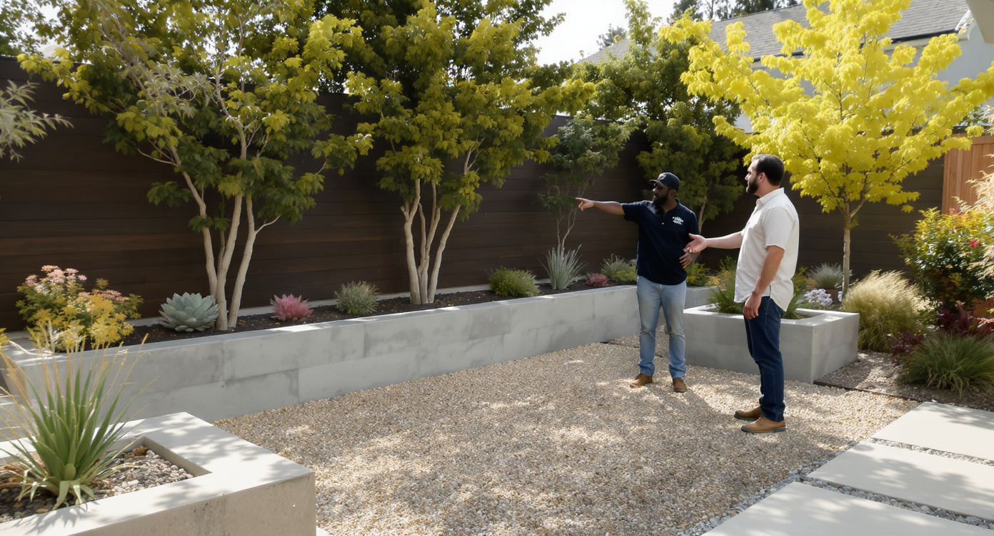 Daylight low-maintenance yard featuring gravel seating, concrete edging, drought-tolerant plants, with designer and homeowner discussing plans.