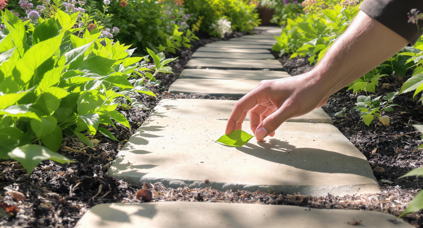 Close-up of a natural stone garden path bordered by lush green plants, with a homeowner's hand touching a leaf in soft daylight.