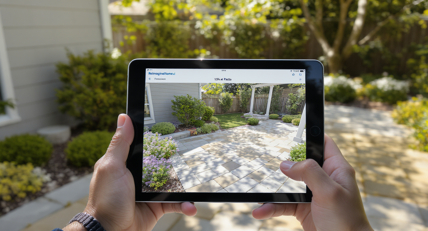 Homeowner using a tablet to compare a 3D garden model with a stone patio and spaced shrubs in a sunlit backyard.