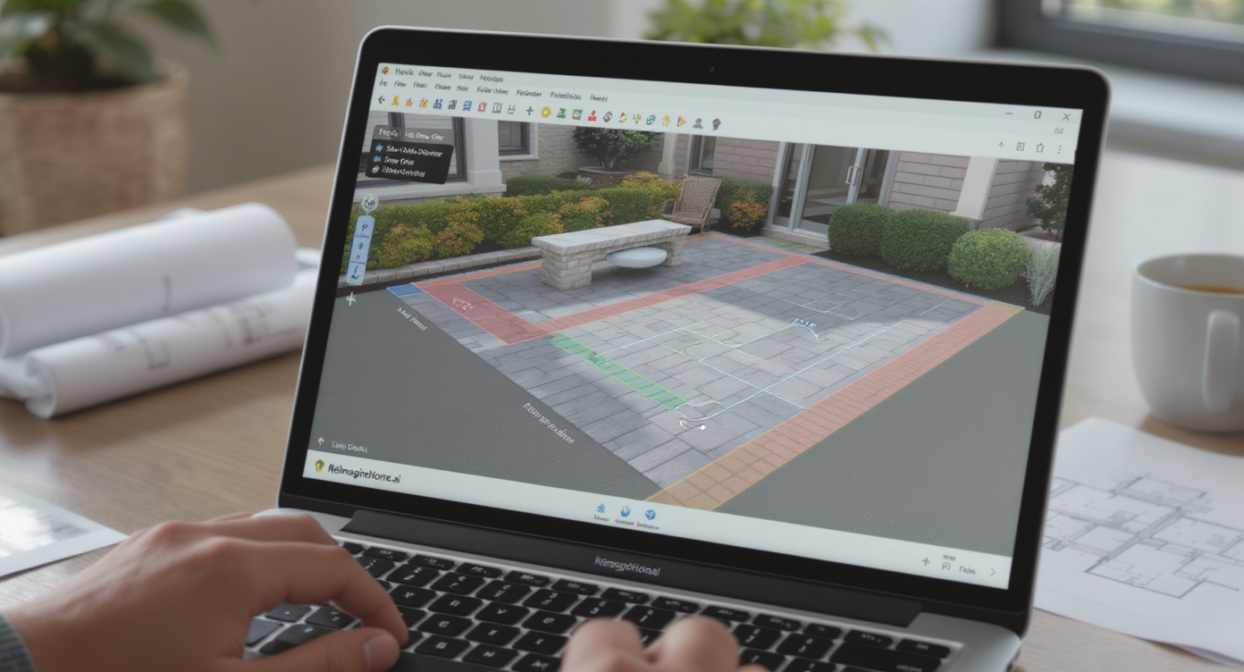 Laptop showing a 3D patio design with sloped gray stone pavers and annotations, hands interacting with design software indoors.