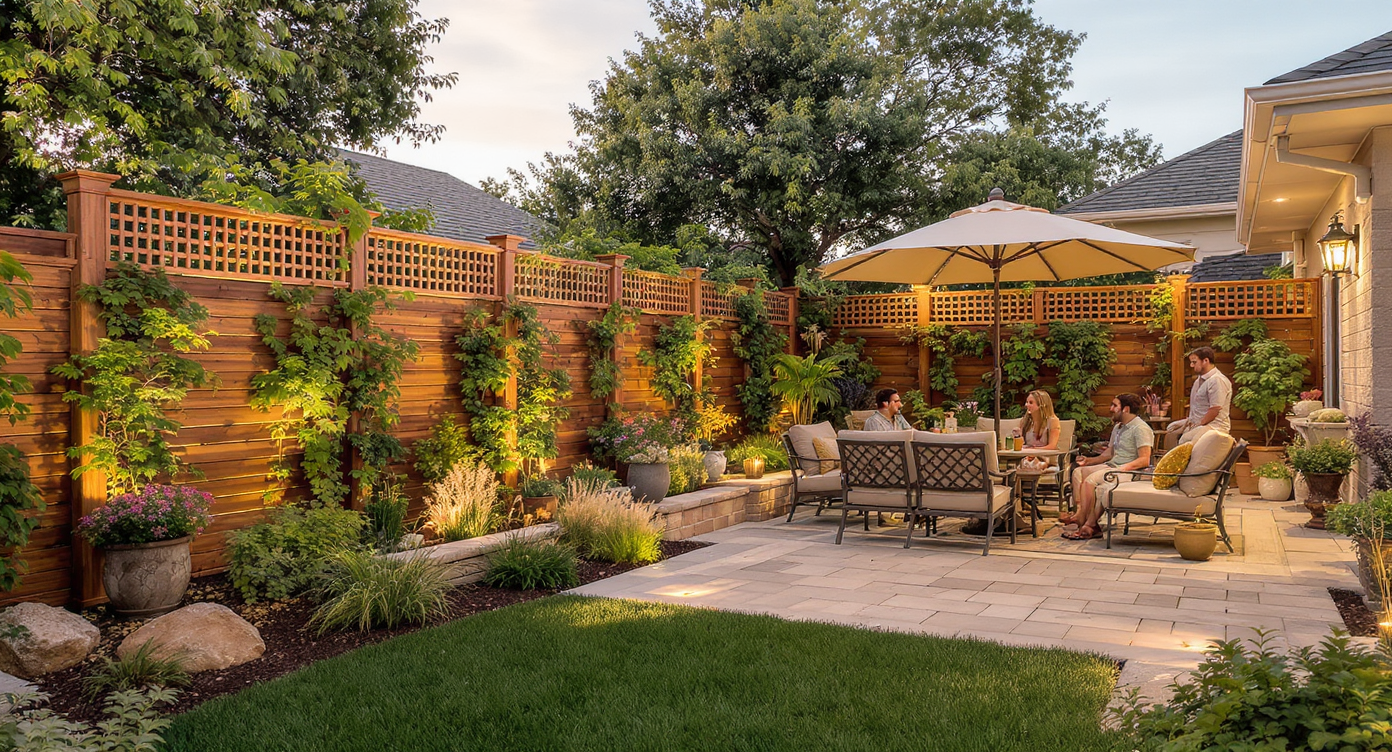 Family enjoying a backyard patio with wood privacy screens, paved seating area, and warm lighting in the golden hour glow.
