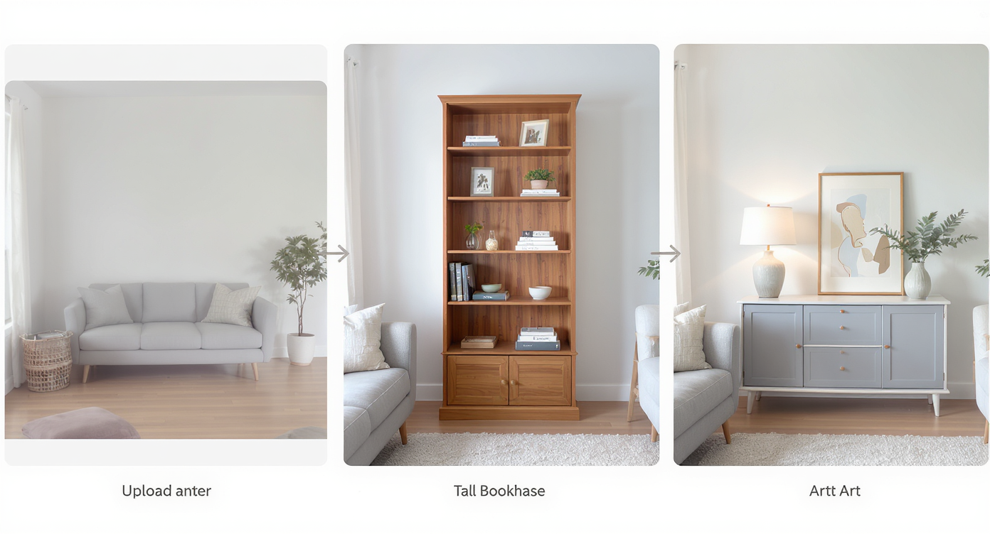 Step-by-step screens of ReimagineHome.ai transforming a small living room photo with tall and short bookcase options under natural light.