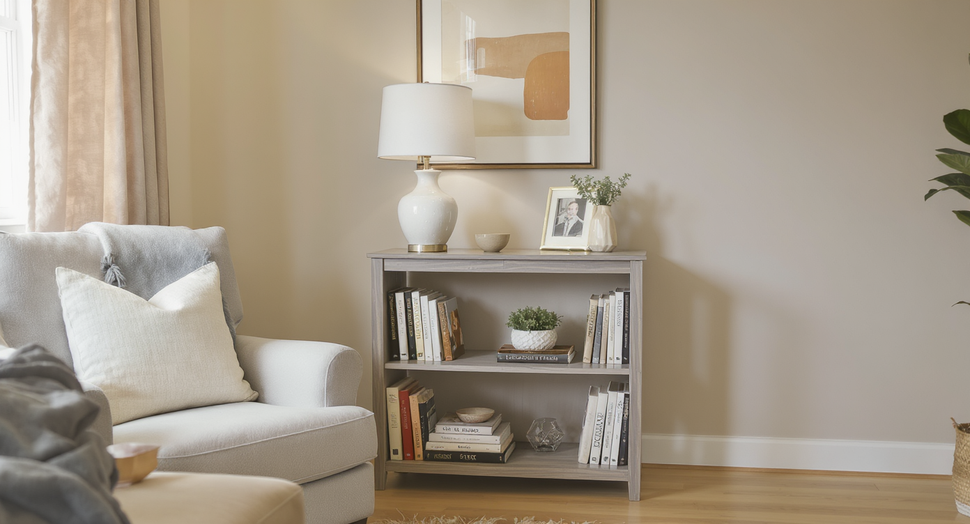 Cozy corner with short bookcase topped with white lamp and framed minimalist artwork beside light armchair in softly lit room.