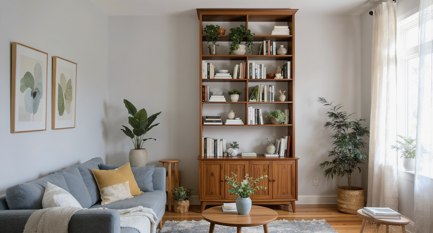 Small living room with 8-foot ceiling featuring tall walnut bookcase over 72 inches with books and plants, mid-century sofa, natural light.