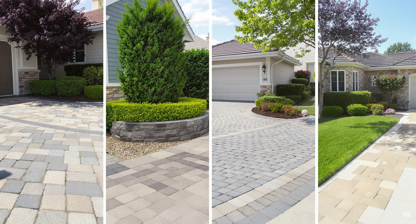 Collage of front yards displaying trends: layered plant screenings, multi-pallet pavers, curved edges, and integrated walkway-driveway design.