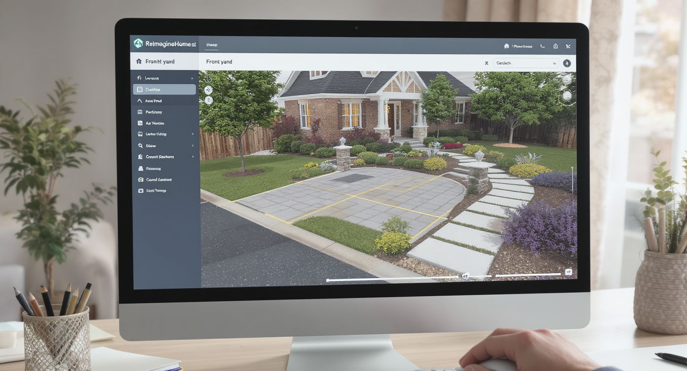 Close-up of computer screen with ReimagineHome.ai showing front yard parking pad design and hand using mouse in bright workspace.