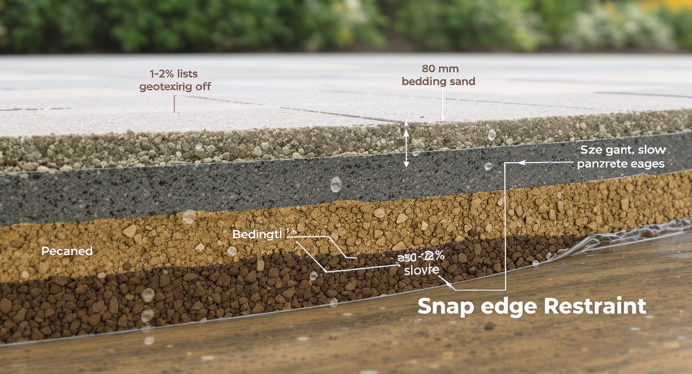 Cross-section of parking pad showing layered compacted base, bedding sand, vehicular pavers with curved clean edge and drainage slope.