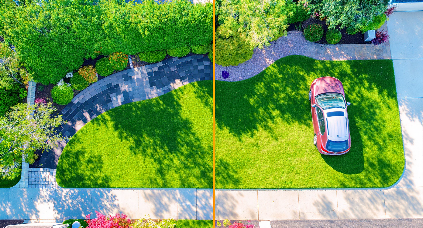 Aerial view of front yard with clearly planned vehicular paver parking pad with greenery versus random car parked on grass patch.