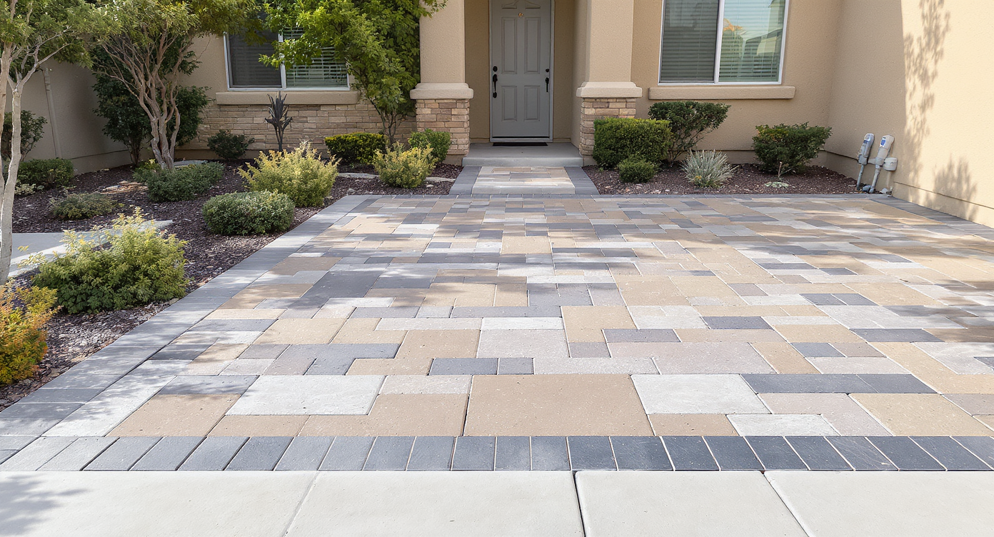 Front yard focused on extensive hardscape with large paver parking pad and minimal layered drought-tolerant plants, under soft natural light.
