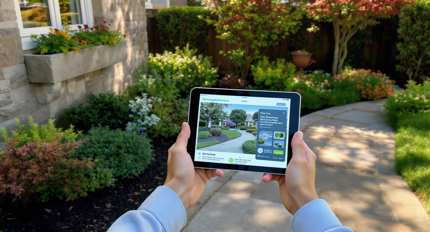 Person using ReimagineHome.ai on tablet outdoors beside stone walkway, window boxes, and shade garden in front yard.