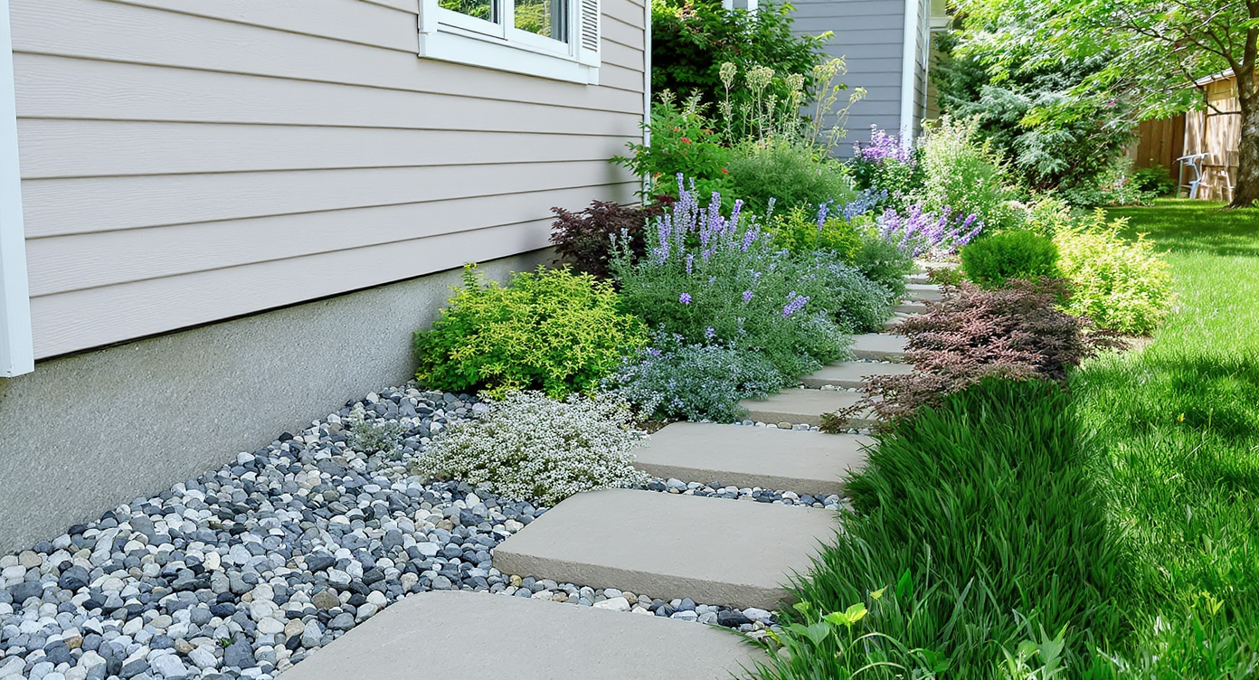Small front yard with gravel strip along house, wide stone walkway, and layered shade plants in natural daylight.