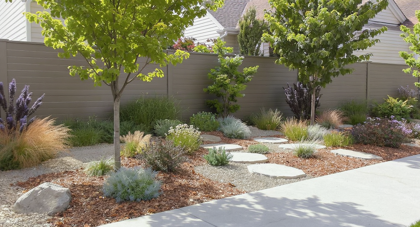 Urban front yard with 50–70% natural stone hardscaping and clusters of native shade plants in balanced design.