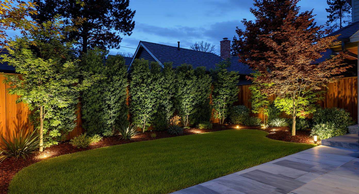 Small north-facing yard showcasing microclover lawn, privacy shrubs, small trees, warm lighting, and gentle rain-smart grading contours.