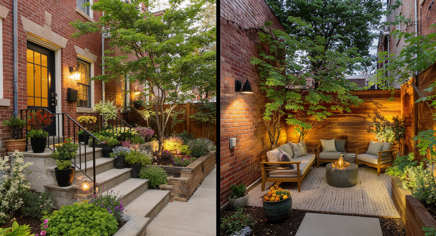 St. Louis stoop and narrow side yard converted into outdoor rooms with seating, plants, and warm lighting in urban homes.