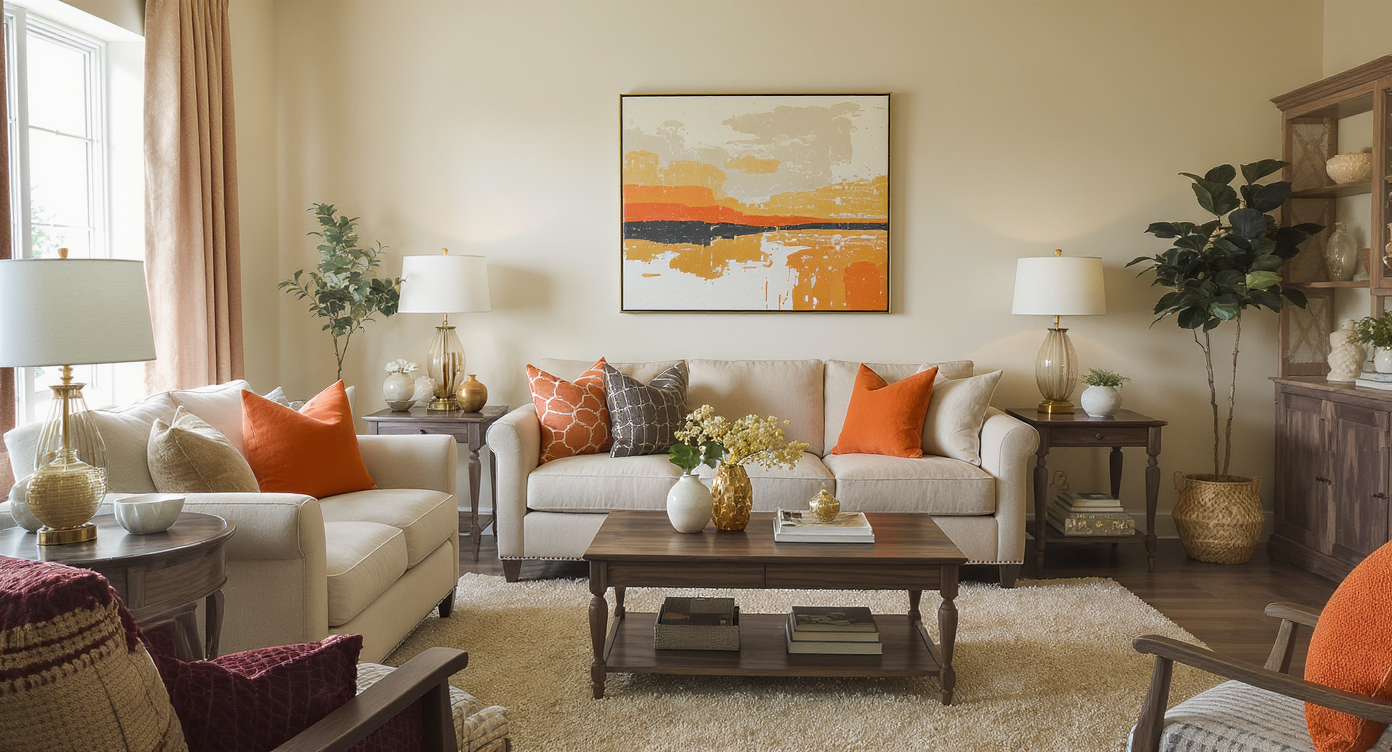 Living room with warm neutral walls, dark wood furniture, and colorful pillows illustrating balanced 60-30-10 palette.
