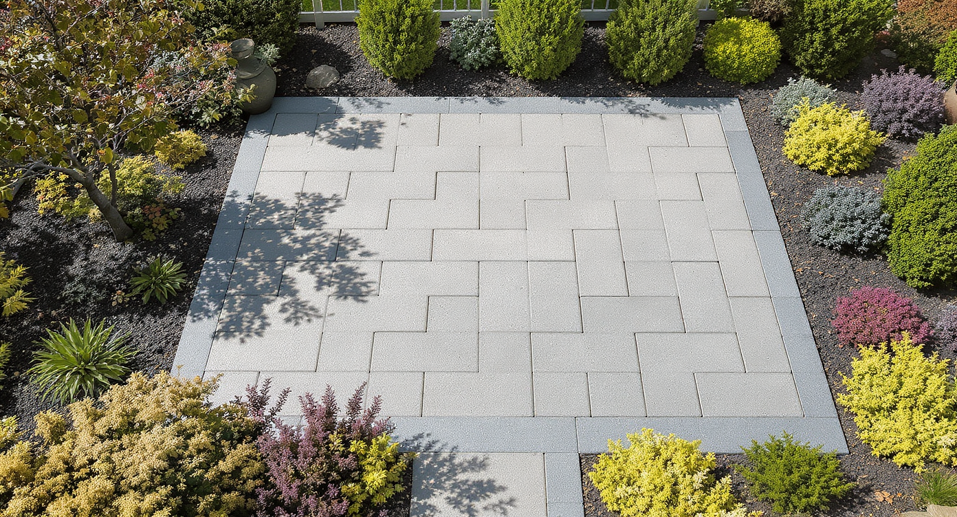 Birds-eye view of a modern permeable paver patio with subtle slope and layered planting beds in bright daylight.