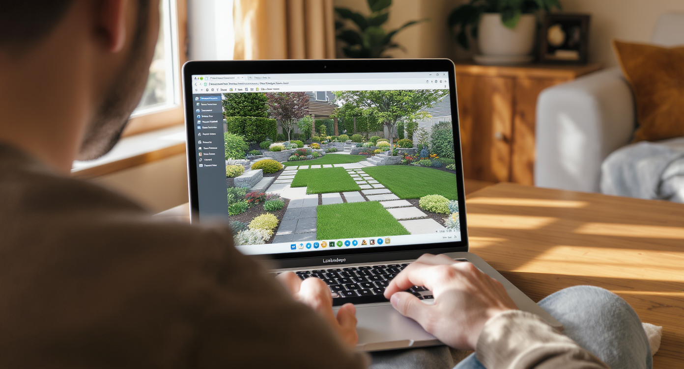 Homeowner interacting with 3D yard and patio visualization on laptop in a bright, modern living room.