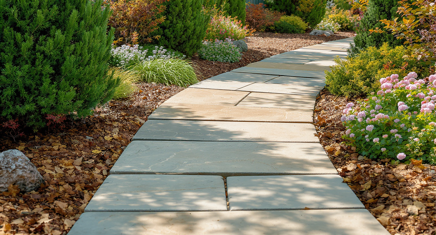 Curved 42-inch wide natural stone garden path bordered by mixed greenery and mulch in soft afternoon light.