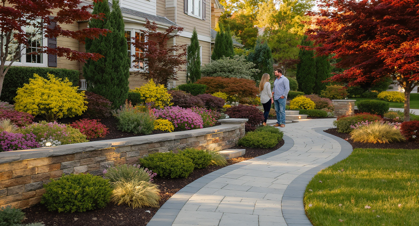 Couple admiring a landscaped front yard with curved stone path, layered plants, and warm evening light.
