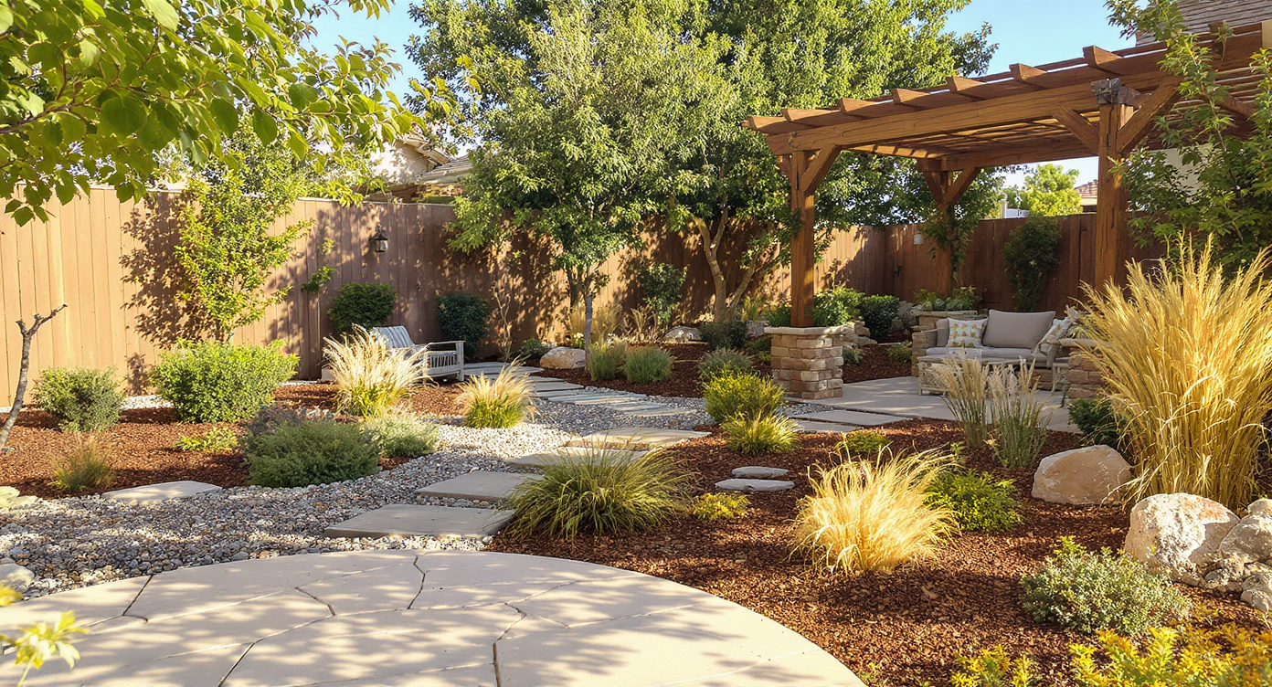 Backyard combining stone patio, gravel, and drought-resistant plants under warm sunlight showcasing low-maintenance, climate-adapted design.