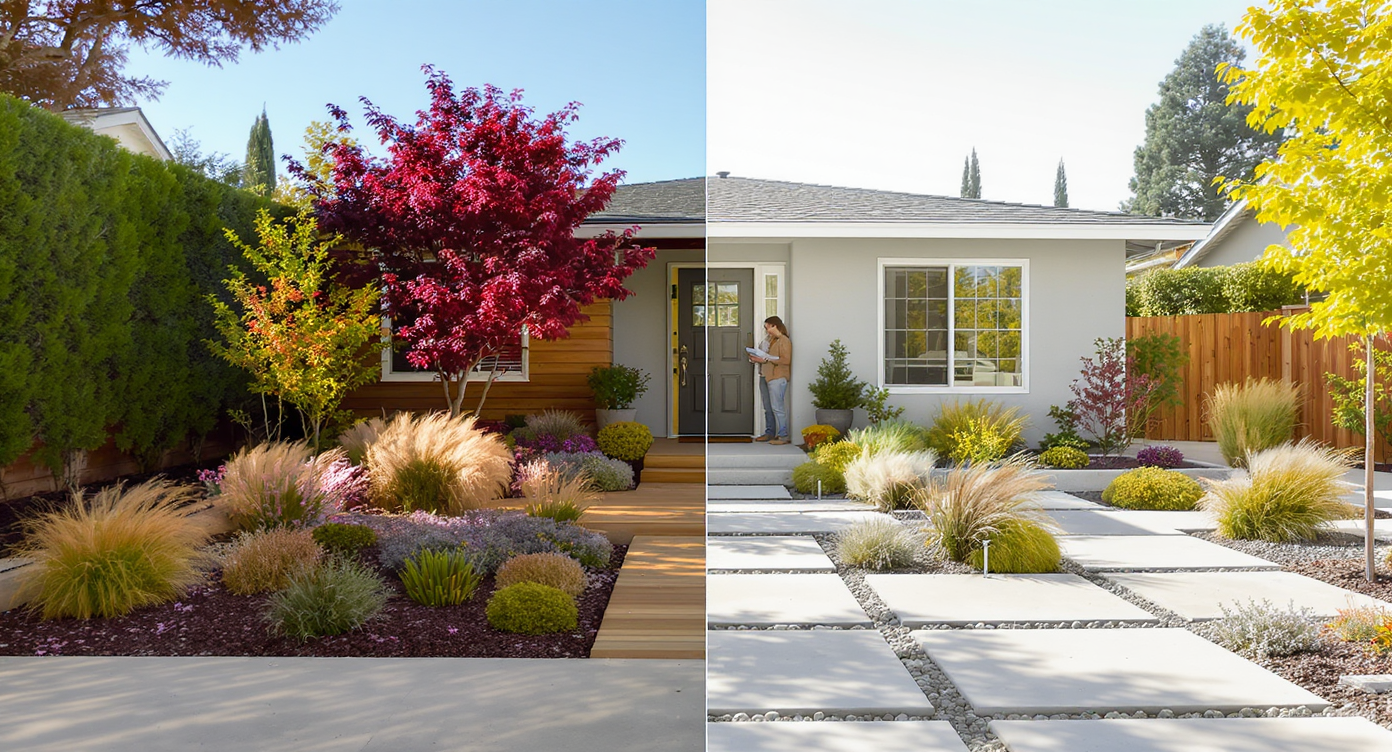 North-facing front yard divided between dense traditional plantings and minimalistic hardscape with wood decking and concrete pavers, soft morning light.