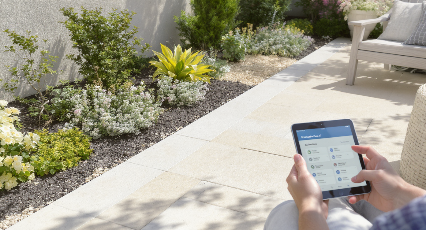 Sunlit, gently sloped stone patio with perennials spaced from foundation, a homeowner uses tablet showing landscaping visualization software.