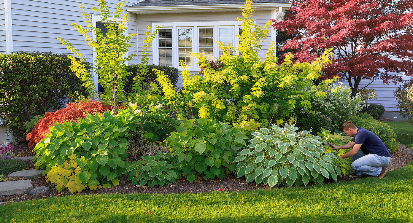 Homeowner tending to multiplying hosta plants by a stone-lined path in a lush north-facing front yard under warm late afternoon light.