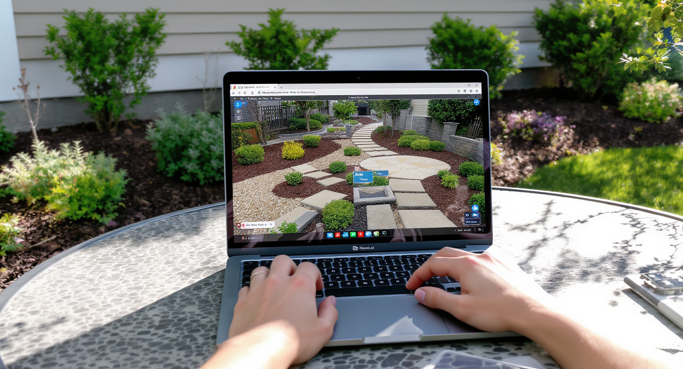 Homeowner uses laptop outdoors on patio table displaying yard visualization, surrounded by well-spaced shrubs and mixed textures in daylight.