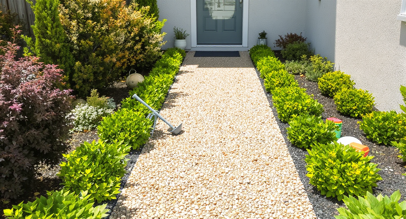 Overhead view of a 42-inch gravel garden path bordered neatly by low shrubs and perennials adjacent to a simple north-facing home facade under bright daylight.