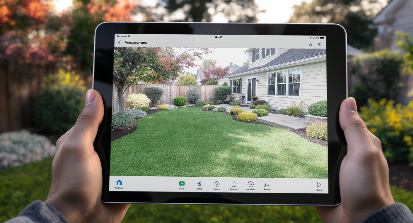 Homeowner holds tablet with 3D shrub layout; realistic backyard with well-spaced shrubs and clean hardscape.
