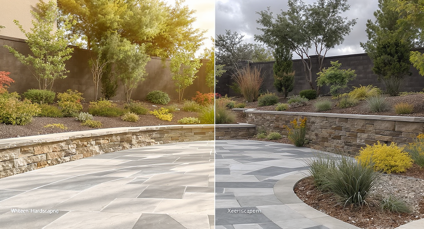 Stone patio with slope, retaining walls, and native plants under mixed weather, showcasing climate-adapted hardscaping.