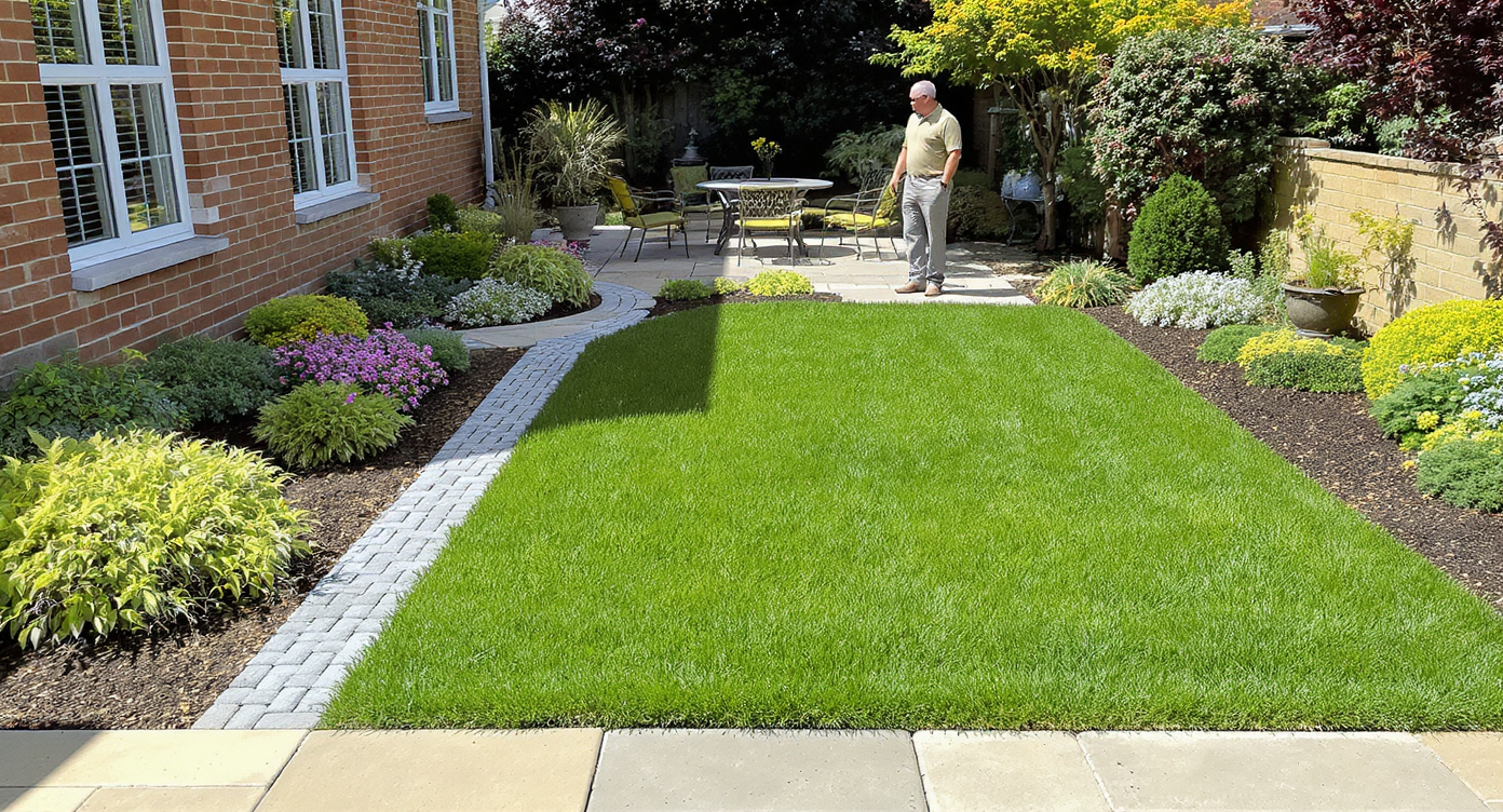 Patio with a gentle slope for drainage and aligned pavers, a homeowner observes the setup in daylight.