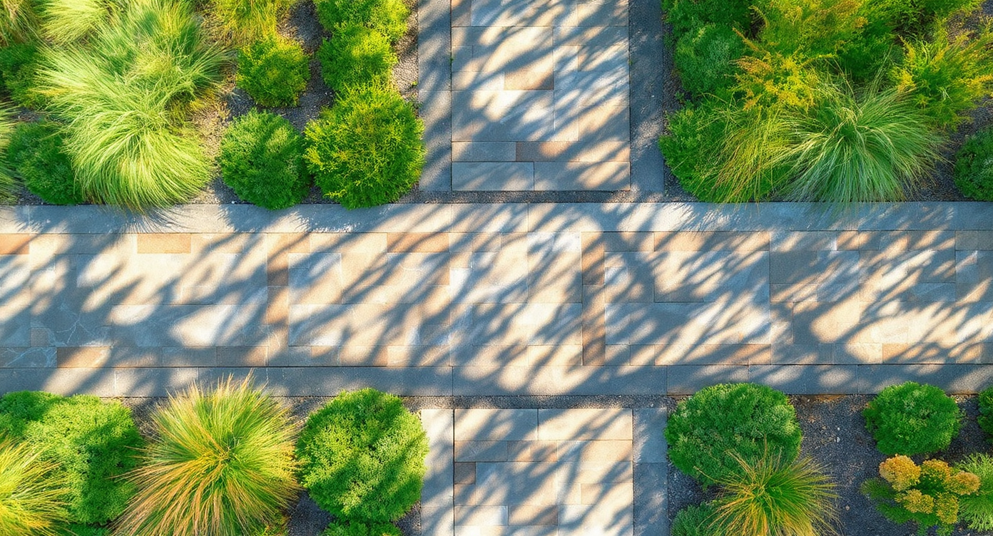 Overhead view of a natural stone garden path surrounded by layered shrubs and grasses under warm daylight.