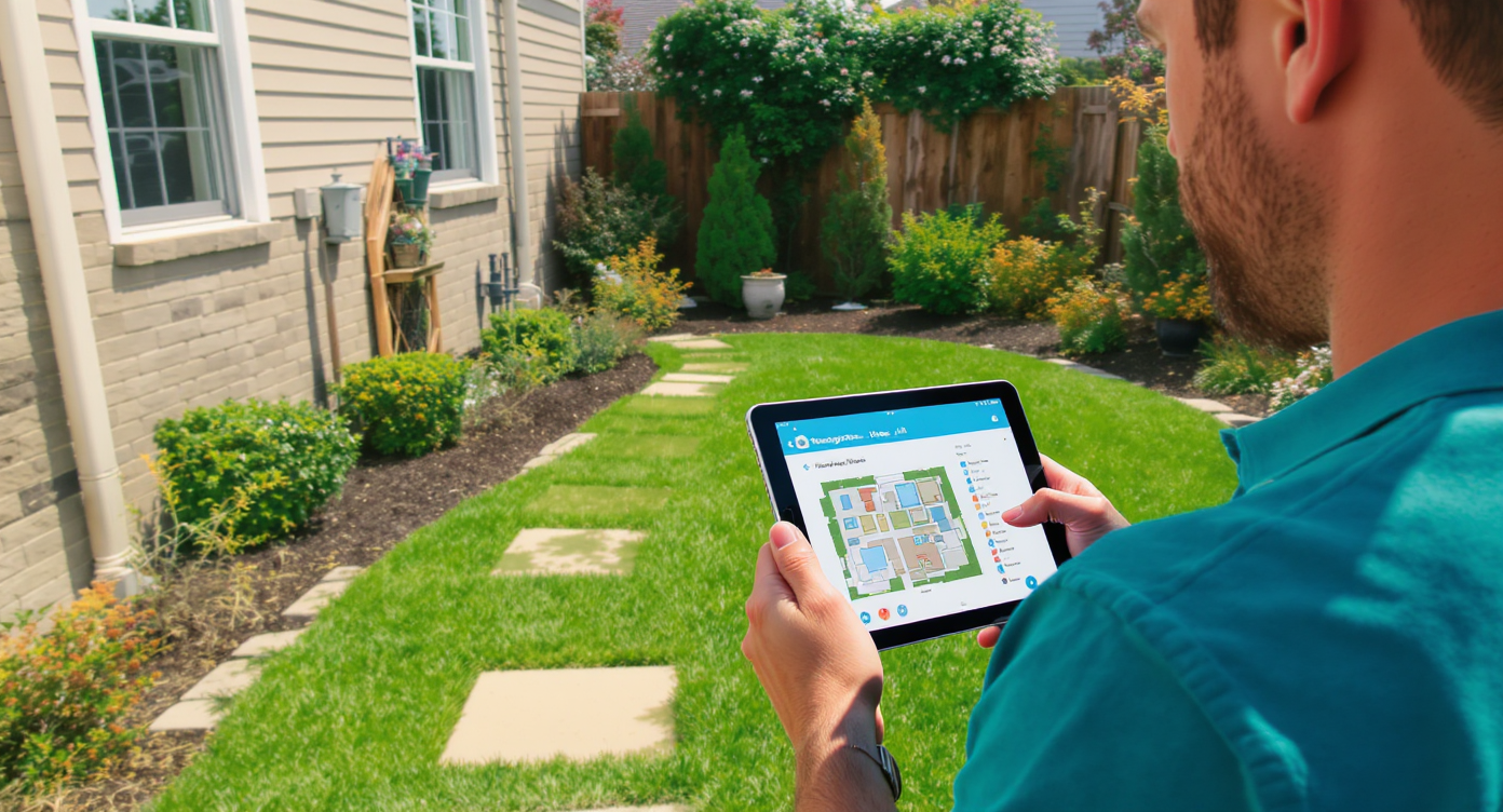 Homeowner using a tablet outdoors to visualize landscaped paths and patios with native shrubs near house foundation in daylight.